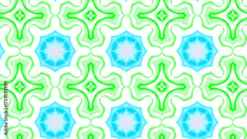 Seamless psychedelic kaleidoscope pattern with neon green, pink and orange mandala symmetry