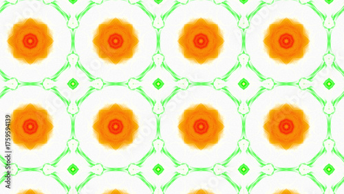 Seamless psychedelic kaleidoscope pattern with neon green, pink and orange mandala symmetry