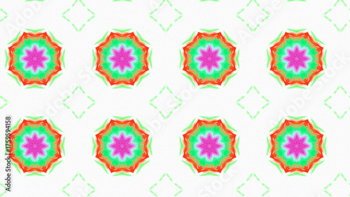 Seamless psychedelic kaleidoscope pattern with neon green, pink and orange mandala symmetry