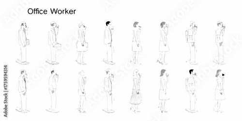 Collection of minimalist line art illustrations of diverse office workers in profile holding coffee cups and phones