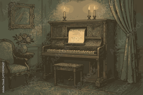Piano under parlor candlelit illustration candlelight player roll elegant vector visible upright