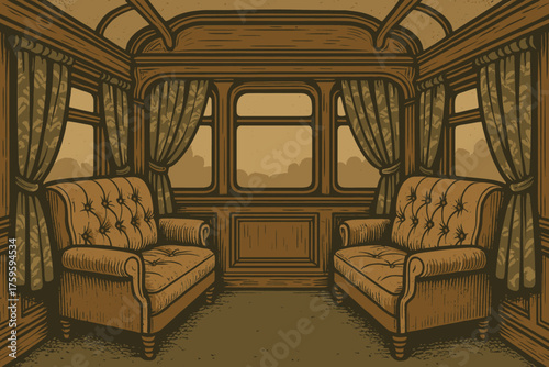 Frames curtains illustration adding charm railcar patterned interior vintage seats antique vector
