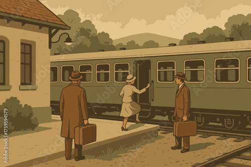 Vintage nostalgic countryside train railcar attire people preparing waiting vector station nostalgia