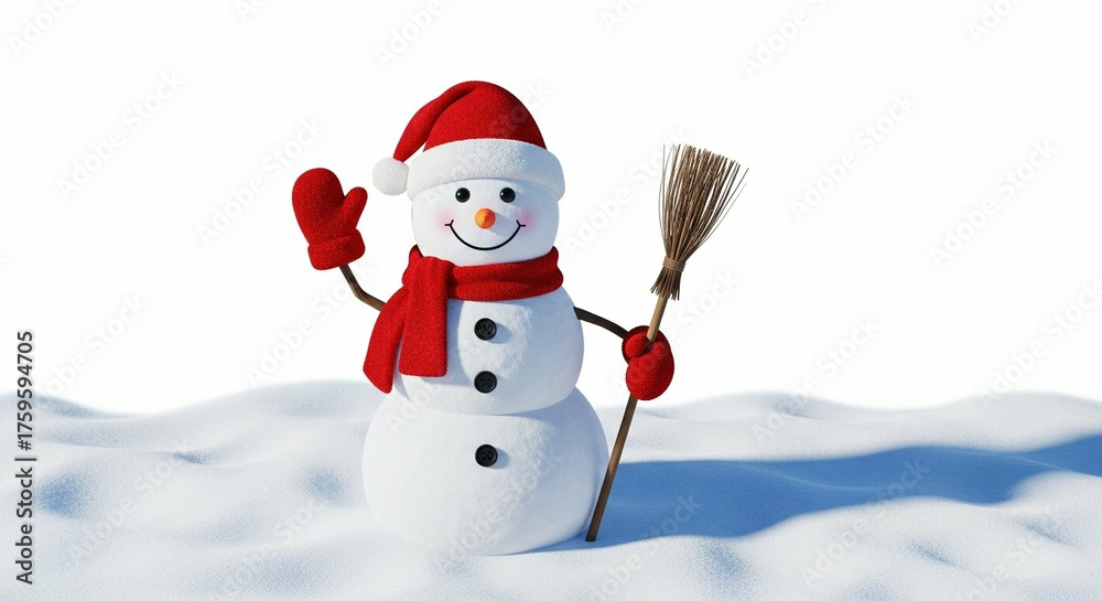 Fototapeta premium Cute cartoon snowman with a red hat and scarf on a white background for a Christmas holiday card illustration