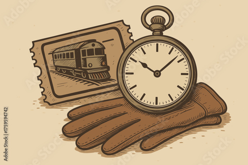 Vector train illustration perforated beside leather watch ticket vintage stub gloves edges