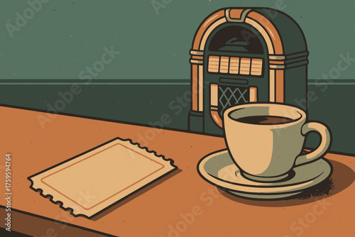 Coffee stub scene jukebox cup vector counter beside illustration diner retro