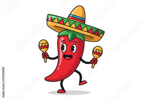 Cartoon red chili pepper character wearing sombrero and maracas isolated