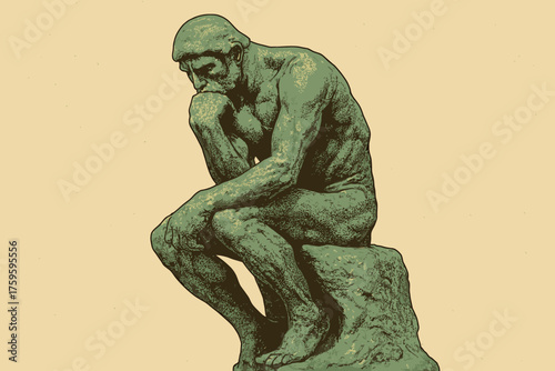 Pose statue soft vector thinker patina bronze retro green illustration aged