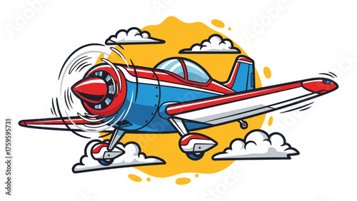 Whimsical cartoon airplane soaring through fluffy clouds against a vibrant yellow sky, perfect for children's books, aviation themed graphics, and playful designs that evoke a sense of adventure