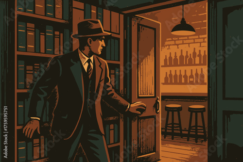 Secret speakeasy entrance bookcase to interior vector behind glowing bar illustration attire