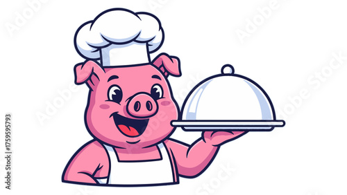 Delightful cartoon pig chef holding a covered silver platter ready to serve delicious food, great for restaurant menus, food promotions, and culinary events with a fun, playful atmosphere