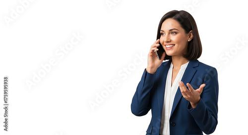 Smiling businesswoman talking on mobile phone, gesturing with hand on transparent background