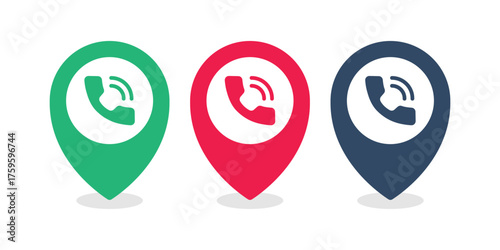 Map pin phone icons with sound waves in green, red, and blue for contact location signage