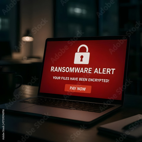 Laptop displaying ransomware alert in a dark office setting