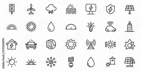 Sustainable energy solutions and eco-friendly technology icons promoting renewable resources like solar, wind, water, and energy saving devices for a greener future