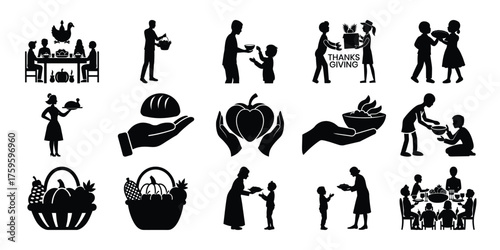 Thanksgiving icon set. set of thanks giving icon. collection of silhouette icons depicting charity generosity and helping others through food and donations