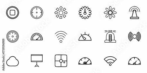 Modern outline icons showcasing time, technology, and nature elements for versatile design projects, perfect for apps, websites, and creative presentations, adaptable vector