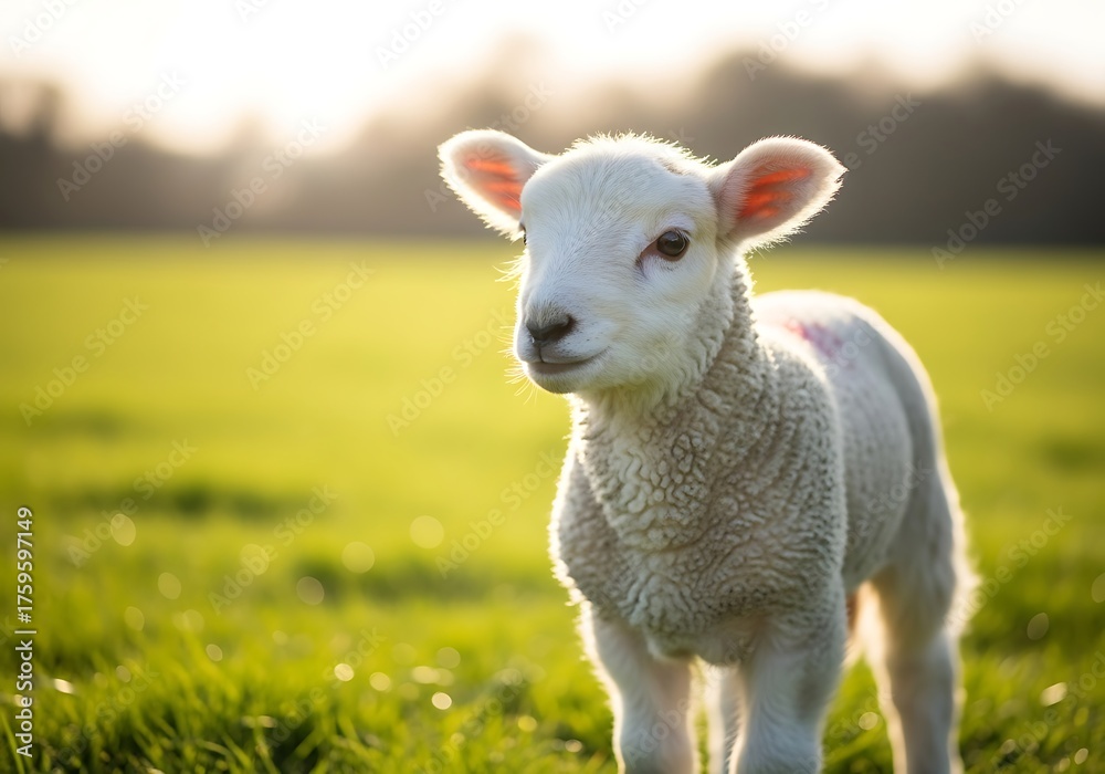 Fototapeta premium A fluffy white lamb stands in a vibrant green field during a warm sunset, looking curiously at the viewer with a gentle expression.