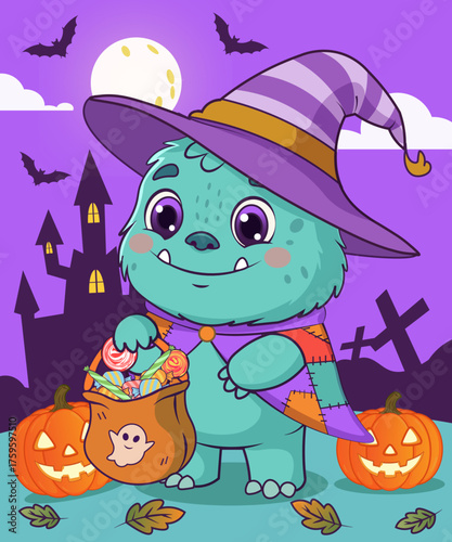 Adorable Blue Monster Character Dressed Up for Halloween