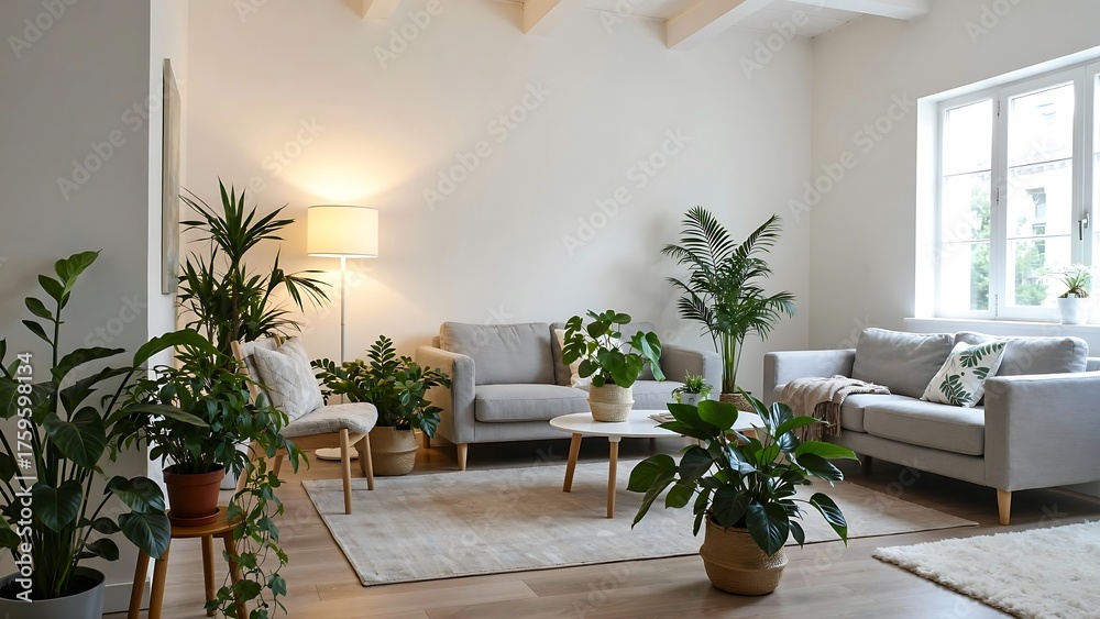 Fototapeta premium Cozy Home Ambiance: Tranquil Living Room Arrangement with Comfortable Sofas, Stylish Furniture, and Lush Greenery, Illuminated by Soft Natural Light, Creating Relaxing Space