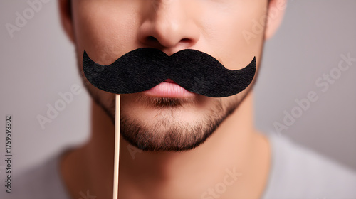 Man holding fake mustache celebrating movember or party