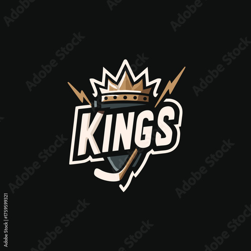 Vintage sports emblem with a crown, ice hockey stick, lightning bolts, and text 'KINGS' on a dark background. Retro athletic logo design concept.
