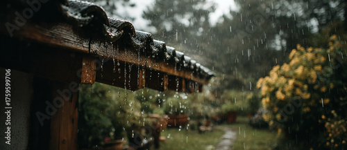 Heavy rain fell on the roof of the house
