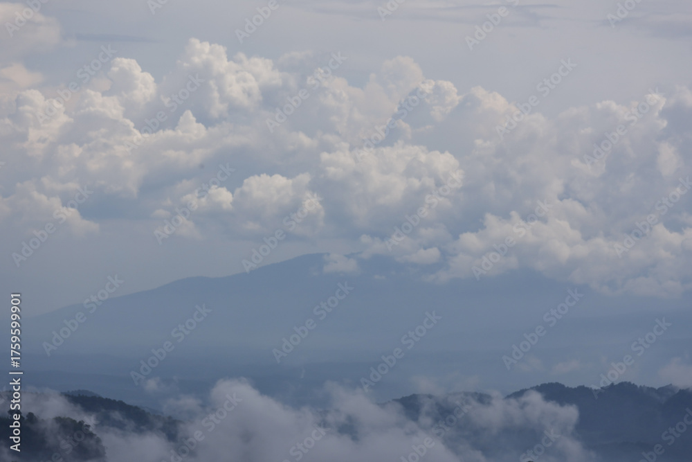 Fototapeta premium Majestic mountain range emerges from soft clouds, vast natural landscape. White fluffy clouds blanket distant peaks, creating serene and expansive sky view