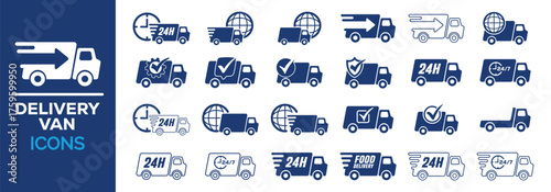 A large vector icon set of delivery trucks and vans in solid blue and outline styles. Includes symbols for 24H, 24/7, global shipping, speed, food delivery, and checked/verified service.