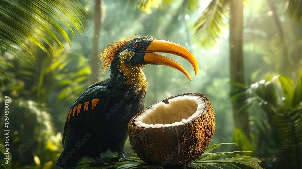 Obraz premium A macro image of a hornbill drinking from a cracked coconut, jungle light streaming in with green palm trees behind.