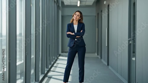 Wallpaper Mural Confident Professional Woman in Dark Suit Posing Assertively in Modern Office Corridor Torontodigital.ca