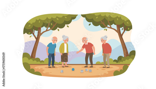 Joyful seniors playing bocce in a park enjoying active outdoor leisure and friendship