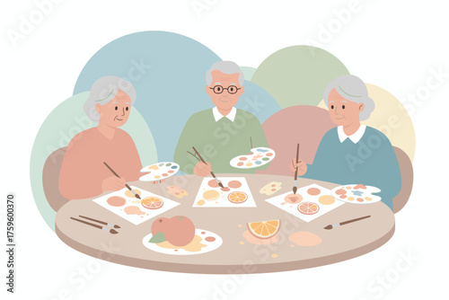 Elderly friends painting fruit at a table enjoying creative leisure and companionship