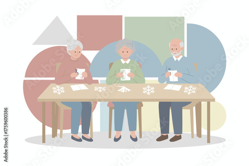 Joyful seniors crafting paper snowflakes a creative winter hobby and community activity for elders