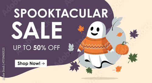 Spooktacular Sale banner featuring a happy ghost in a sweater pumpkin and autumn leaves Ideal for Halloween promotions and discounts
