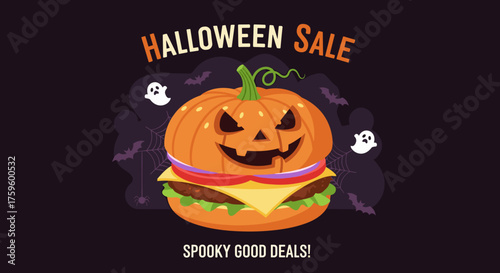 Halloween Sale featuring a spooky jackolantern burger ideal for seasonal promotions restaurant deals or festive ads