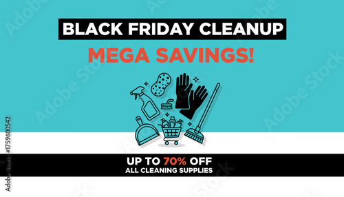 Black Friday Cleanup sale banner with cleaning supplies icons promoting mega savings