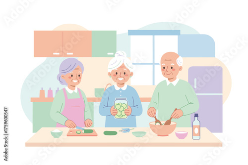 Joyful seniors cooking together in a kitchen preparing fresh food and celebrating healthy living