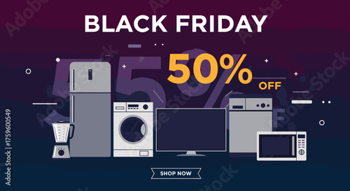 Black Friday 50 off sale banner featuring home appliances electronics and commercial shopping promotion