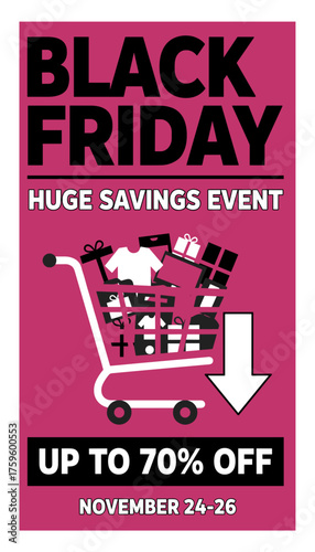 Black Friday sale graphic full shopping cart massive discounts perfect for retail promotions