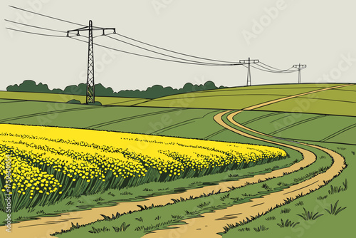 Winding dirt road through a vibrant yellow rapeseed field and green hills