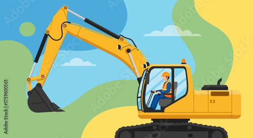 Construction worker in a yellow excavator at a job site Industry and development concept