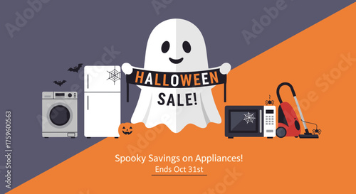 Halloween appliance sale with a friendly ghost pumpkin bats and spiders for spooky savings promotions and retail marketing