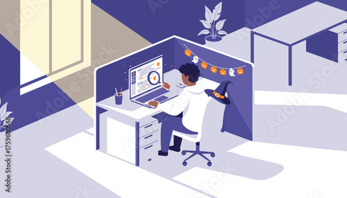Software developer debugging code in a festive Halloween office cubicle