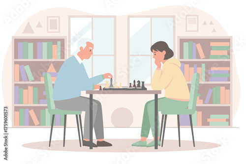 Senior man and young woman playing chess enjoying strategy and intergenerational connection