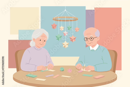Happy senior couple creating colorful origami stars enjoying a peaceful crafting hobby