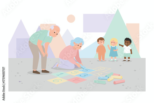Grandparents and kids playing hopscotch with chalk joyful intergenerational family activity outdoors