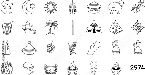Moroccan and North African Traditional Culture Doodles Line Art Icons Set