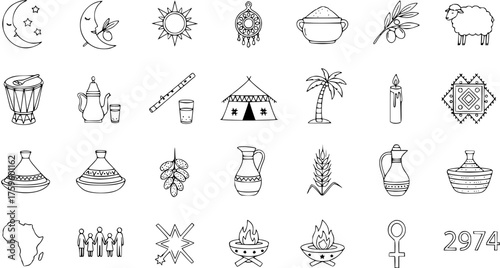 Hand-drawn collection of traditional North African and Moroccan culture symbols and desert elements. Doodle line art icons for travel, design, and cultural themes.