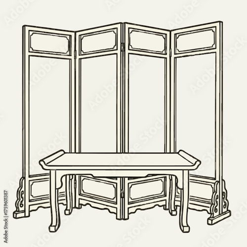Traditional folding screen and table in vintage style design  
